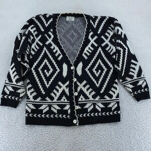 Vintage College Point Sweater Mens M Black White Cardigan Aztec Knit‎ USA 80s